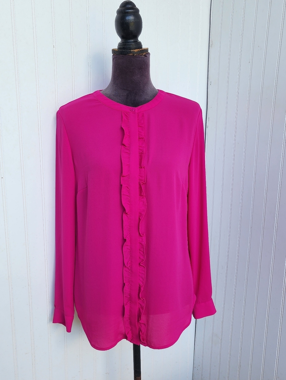Talbots Women’s Button Front Blouses Hot Pink Ruffle Long Sleeve Chiffon Sz S